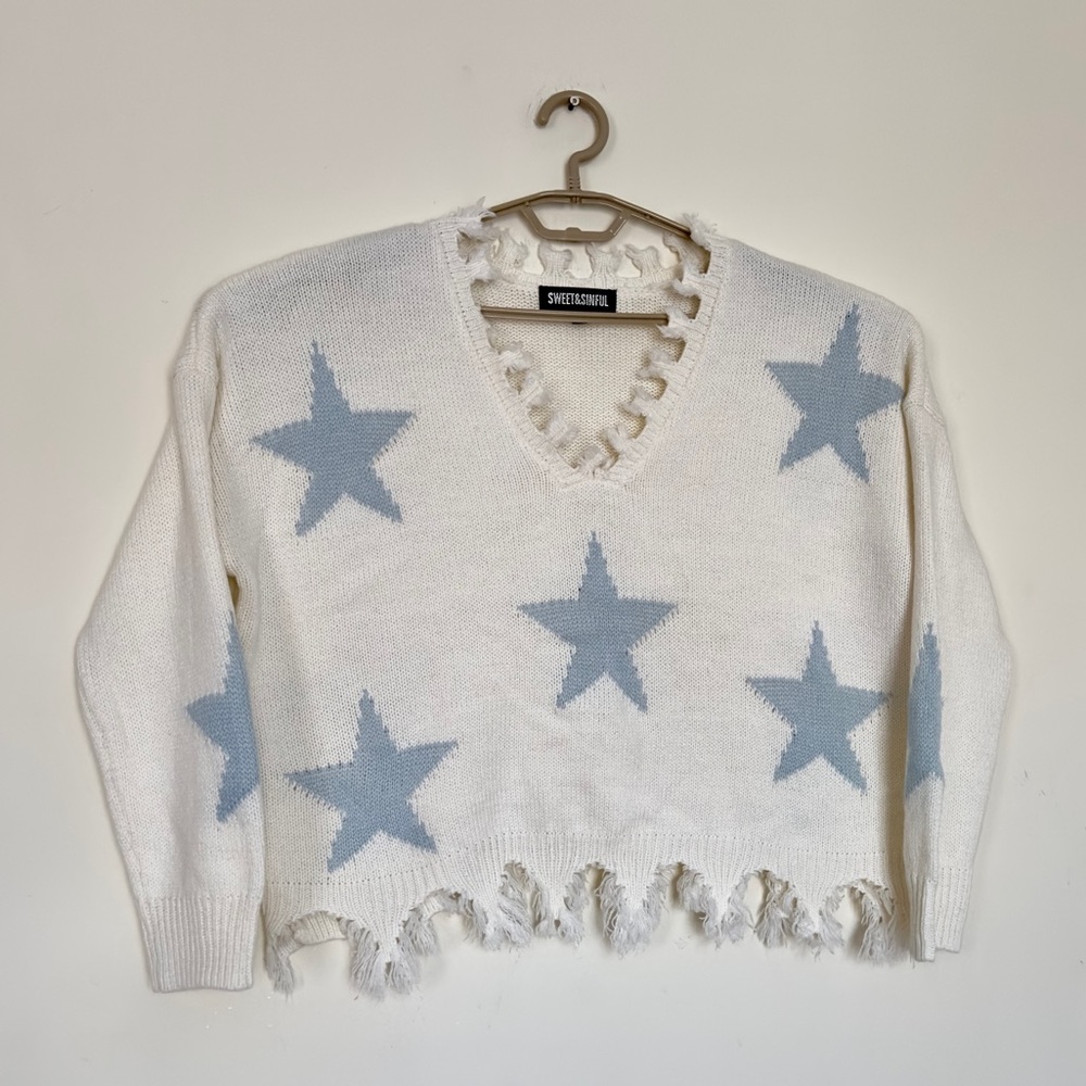Sweet & Sinful Star Print Vintage-Style Frayed Sweatshirt Cream/Blue Sz xl